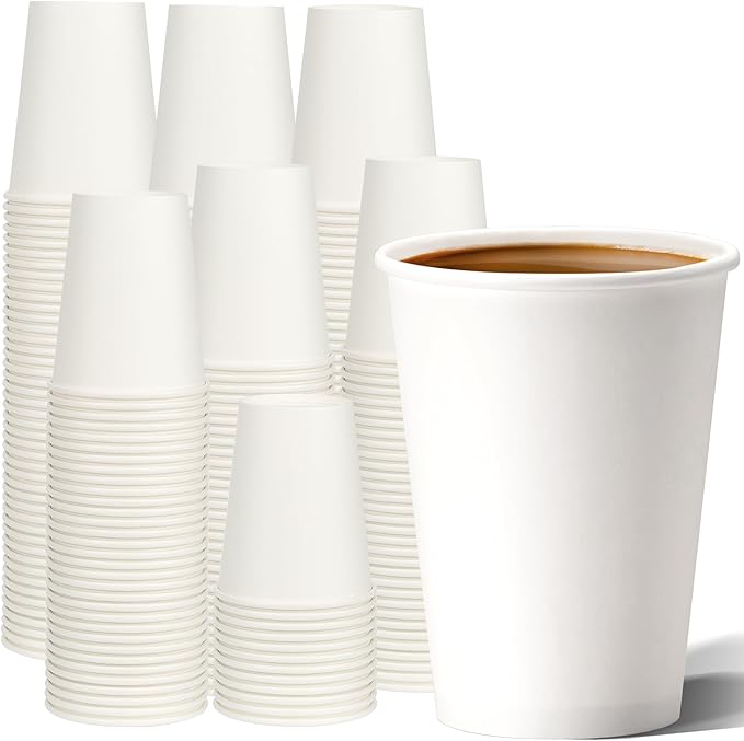 Disposable Paper Cups 12 oz [100 Pack], White Hot Coffee Cups, 12 oz Paper Coffee Cups, Thickened Design for Cafes, Bistros, Parties, and Events