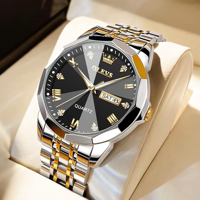 Men's Casual Stainless Steel Watch, Big Face Easy to Read Analog Quartz Watch with Day and Date, Classic Waterproof Diamond Roman Arabic Numerals Dial Dress Watch for Men, Gold Silver Black Band
