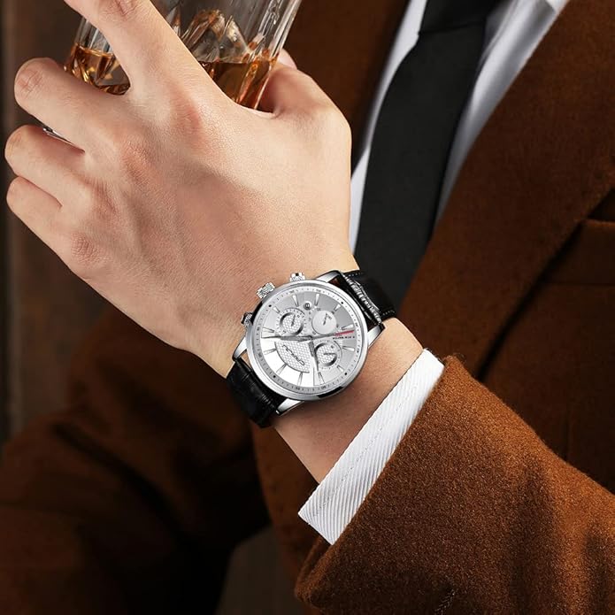 CRRJU Men's Business Casual Chronograph Quartz Waterproof Wristwatch Black Leather Strap