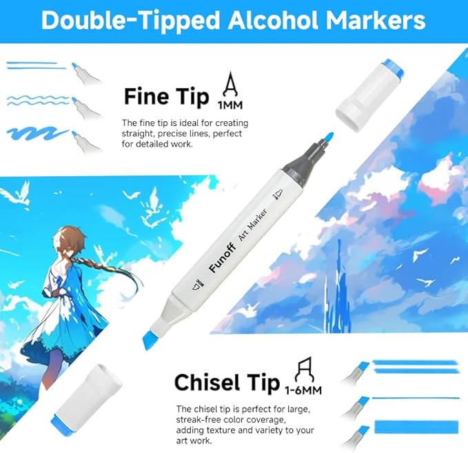 Funoff Alcohol Markers, 80 Colors Fine & Chisel Dual Tip Art Markers, Permanent Sketch Marker for Adult Coloring, Drawing, Sketching, Illustration