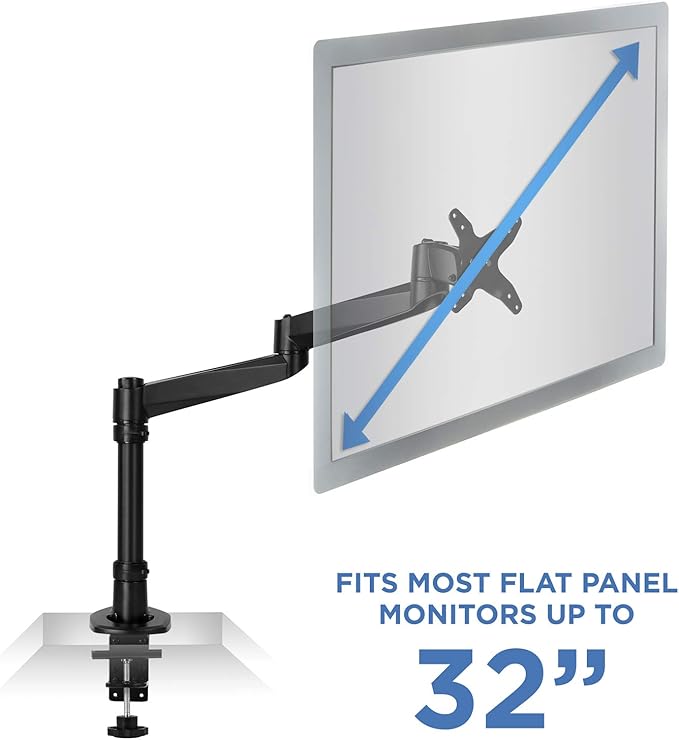Mount-It! Premium Modular Monitor Desk Mount Arm Stand | Single Tilt Swivel Arm Fits 19 21.5 24 27 32 Inch Computer Screens with 75 100 VESA Patterns | C-Clamp and Grommet Bases | Black