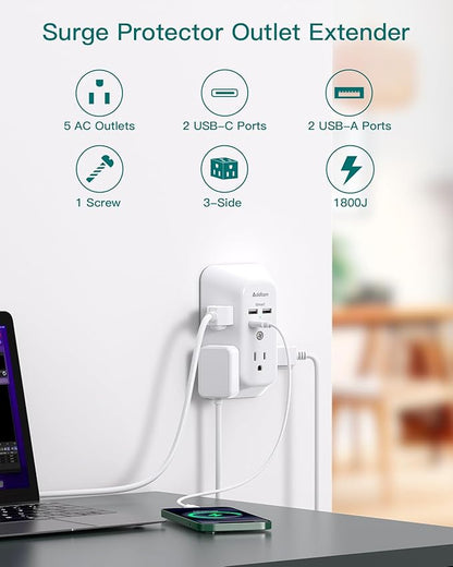 2 Pack Surge Protector Outlet Extender - Addtam 5-Outlet Splitter with 4 USB Wall Charger(2 USB-C Ports), Multi Plug Outlet Power Strip for Home, Dorm Room Essentials