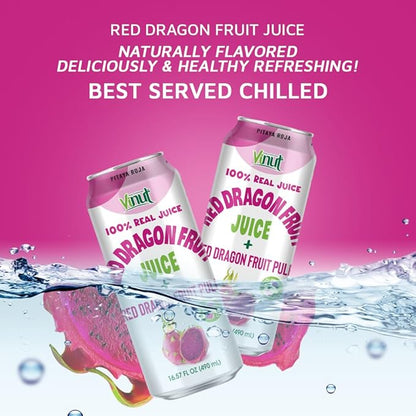 VINUT 100% Red Dragon Fruit Juice with Pulp (Pitaya), No Added Sugar, Not From Concentrate, 16.57 fl oz (490 mL) Can, Pack of 6