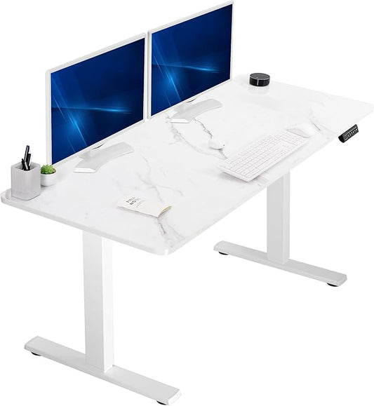 VIVO Electric Dry Erase 60 x 24 in Standing Desk, Memory Height Adjustment, 1B Series, White Marble Pattern Top, White Frame, DESK-KIT-1W6WM