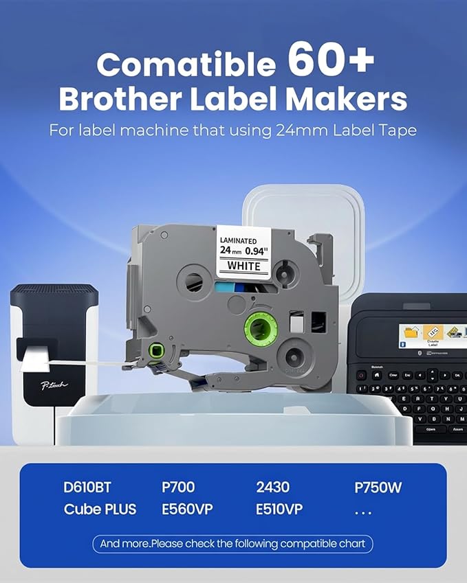 24mm 0.94 TZ Tape Compatible with Brother TZe-251 P Touch Label Maker Tape 1”Laminated Black on White for Ptouch PT D610BT P710BT D600 700 P750W E510VP E560BTVP Refills, 24 mm x 8m, 6-Pack
