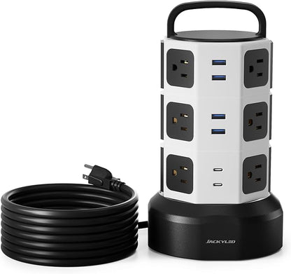 Power Strip Tower Surge Protector, JACKYLED 1625W 13A Outlet Surge Electric Tower, 12 Outlets 6 USB Ports Charging Station with 16AWG 15ft Heavy Duty Extension Cord for Home Office Dorm