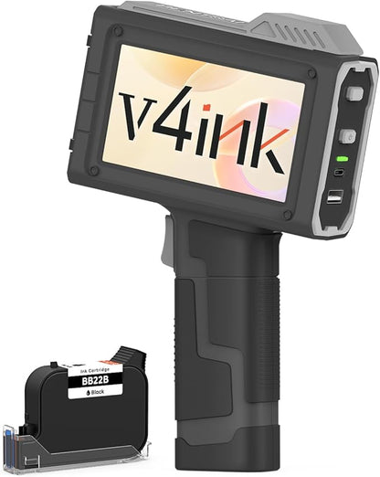 v4ink BT-HH6205B Handheld Inkjet Printer, 16H Endurance, 0.5in Print Height, Print Number Text Barcode QR-Code Logo Image on Clothes Carton Plastic Tube Glass Metal, Any Flat or Curved Surfaces