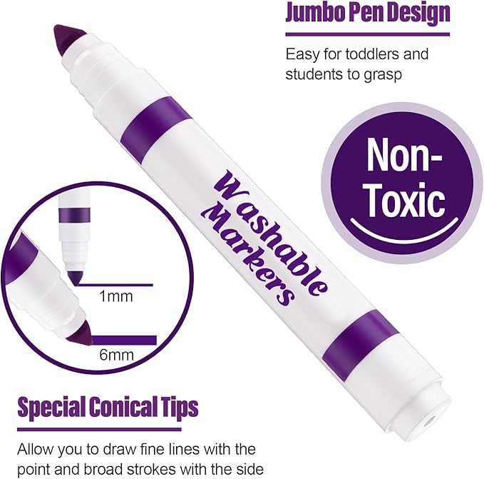 Janlaugh 36 Pcs purple Washable Markers Bulk Coloring Broad Line Markers for Kids purple Conical Tip drawing pen for School Supplies, travel Art baby shower gender reveal party Supplies, Ages 6+
