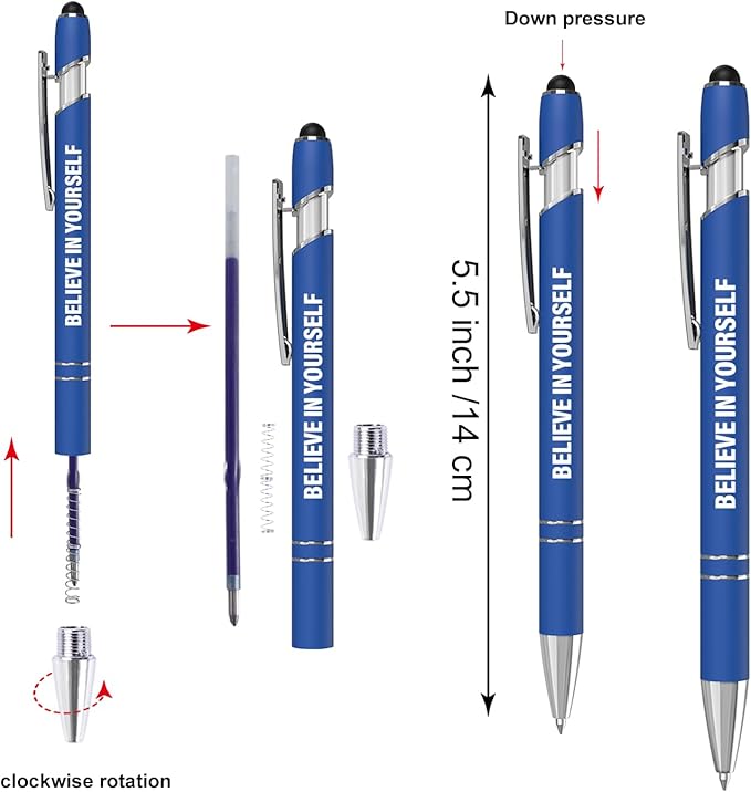 12 Pcs Blue Ink Fine Point Motivational Pens with Stylus Tips, Ballpoint Pens, Office Desk Accessories