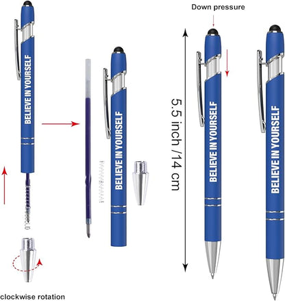 12 Pcs Blue Ink Fine Point Motivational Pens with Stylus Tips, Ballpoint Pens, Office Desk Accessories