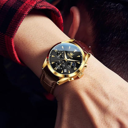 OLEVS Men's Leather Analog Quartz Watch - Luxury Chronograph Wristwatch With Date, Waterproof, Luminous - Dress Style