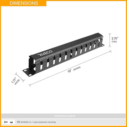 RIVECO 2PCS 1U 12 Slot Rack Manager, Server Rack Cable Management, Cord Wire Organizer with Cover for Network Rack Cabinet Horizontal Mount, 19-inches Cable Raceway
