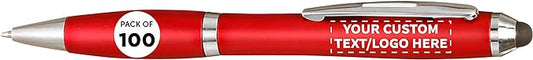 DISCOUNT PROMOS Custom Plastic Stylus Pens Set of 100, Personalized Bulk Pack - Black Ink, Great for Office, School, Business, Tradeshows, Events - Red