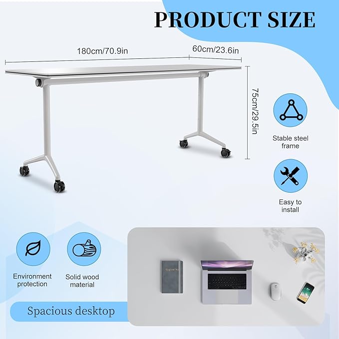 Conference Table, Folding Conference Room Tables, Modern Flip Top Seminar Training Meeting Table with Wheels, Modular Foldable Conference Tables for Home Office Classr (White 6 Pack, 70.8inch)