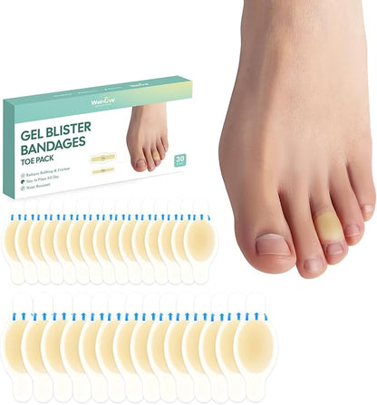 Gel Blister Bandages Hydrocolloid Bandages - Welnove 30ct Blister Cushions (Toe Pack) - Blister Bandages for Heel, Toe & Foot - Blister Pads for Prevention & Recovery - Water Resistant Bandages
