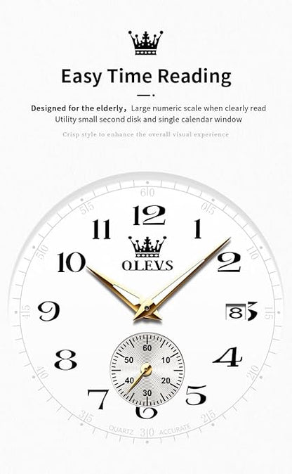OLEVS Mens Watches Vintage Leather Band Dress Classic Easy Reader Arabic Numerals Analog Quartz Waterproof Date and Day Blue/Black/White Large Face Men's Wrist Watches