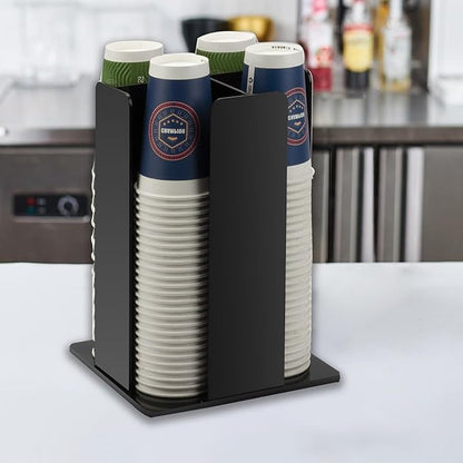 Tirifer Cup and Lid Holder, Coffee Cup Dispenser, Acrylic Cup Storage Organizer, Disposable Paper Cup Storage Holder with 4 Compartments for Countertop Coffee Station Bar Restaurant, Black