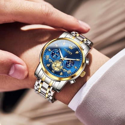 OLEVS Men Silver Watches,Men's Stainless Steel Chronograph Watch,Man Analog Quartz Big Face Male Watches Luxury Waterproof Roman Numeral Dress Diamond Relojes para Hombre