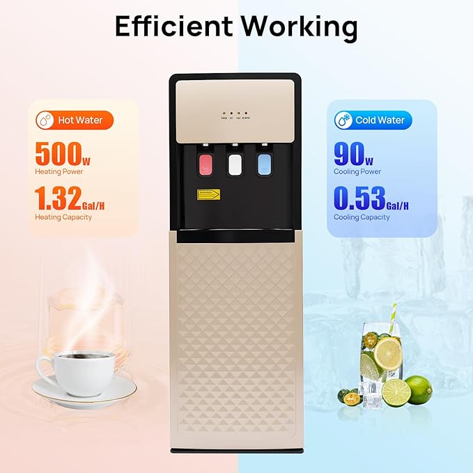 Bottom Loading Water Cooler Dispenser for 5 Gallon Bottles - 3 Temperatures with Hot, Room & Cold Spouts,Overload Protection, Dry Burning Protection,Water Dispenser for Home,Office (Champagne Gold)