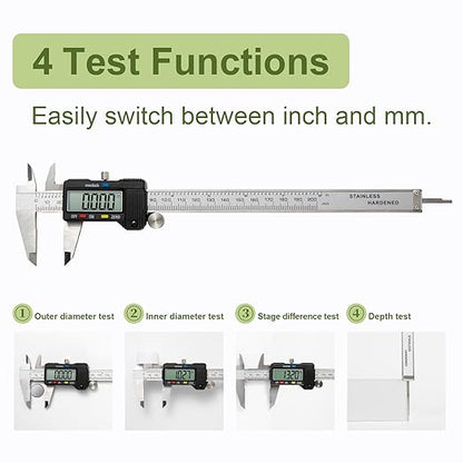 Digital Caliper 0-8" Measuring Tool with Metal Ruler, Micrometer Caliper with Auto-Off Feature, Interchangeable Between inches and millimeters for DIY/Household and 3D Printing, Black