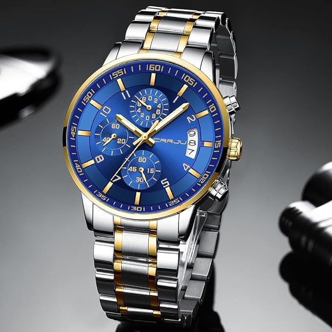 CRRJU Men's Fashion Stainless Steel Watches Date Waterproof Chronograph Wristwatches,Black Steel Band Waterproof Quartz Watch for Men
