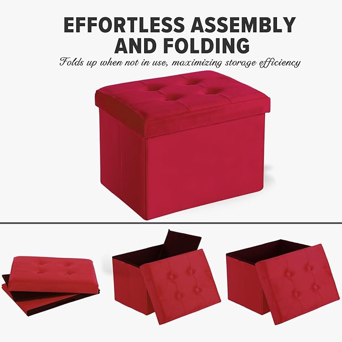 LINMAGCO Storage Ottoman Folding Foot Stool Velvet Foot Rest with Padded Modern Ottoman with Storage for Living Room Puppy Step Stool 17x13x13in(Neon Red)