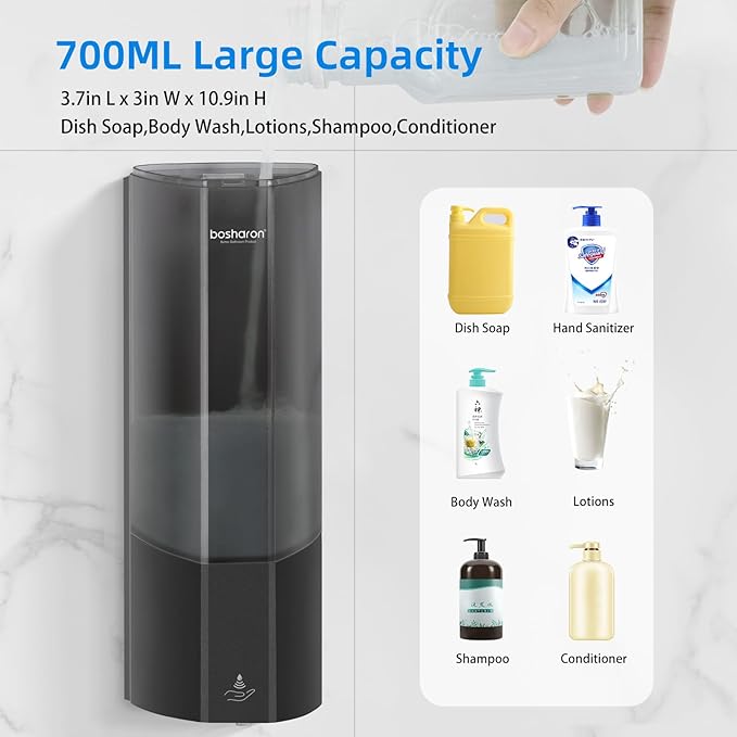 Automatic Soap Dispenser Wall Mount 700ml,Touchless Electric Sensor Liquid Gel Hand Sanitizer Dispenser Battery Operated for Office Home Kitchen Bathroom Hotel Restaurant Commercial (B-162-Black)