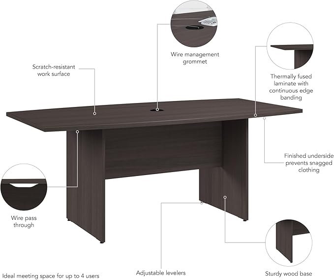 Bush Business Furniture 72-inch Office Conference Table with Wood Base, Boardroom Meeting Space for 6 Users, Storm Gray