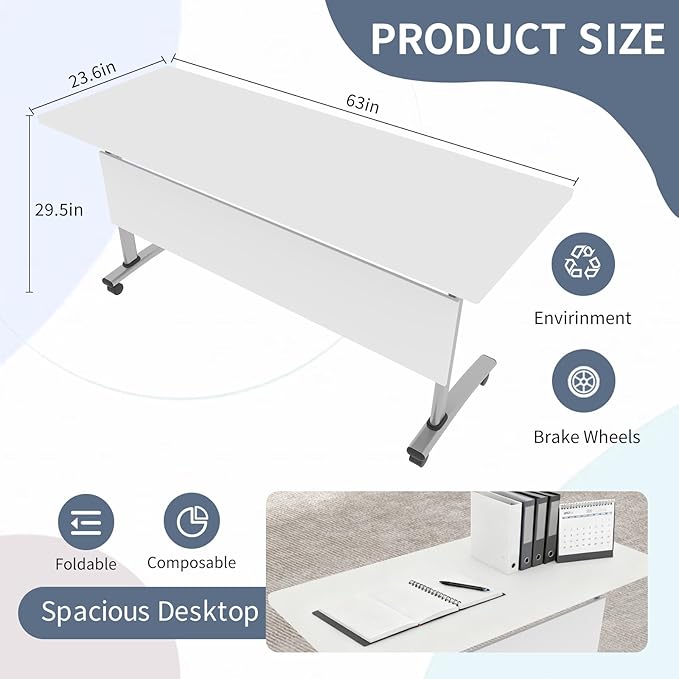 Conference Table, Folding Conference Room Table Meeting Tables, Flip Top Training Table Foldable Conference Tables with Wheels for Office, Conference Room, School (2 Pack C, 63 x 23.6 x 29.5 inch)