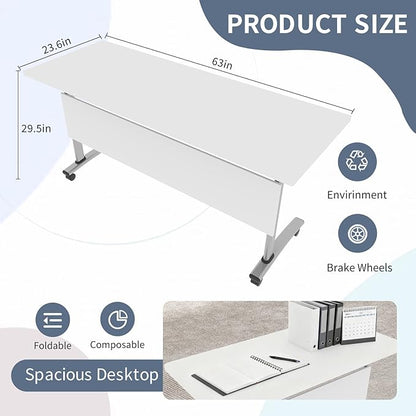 Conference Table, Folding Conference Room Table Meeting Tables, Flip Top Training Table Foldable Conference Tables with Wheels for Office, Conference Room, School (2 Pack C, 63 x 23.6 x 29.5 inch)