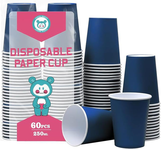 Disposable Paper Cups, 60pcs Blue Paper Cups For DIY Wedding Party Picnic BBQ Travel and Event 8OZ (Navy blue)