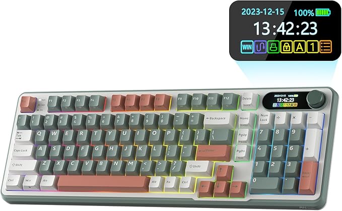 RK ROYAL KLUDGE S98 Mechanical Keyboard w/Smart Display & Knob, Top Mount 96% Wireless Mechanical Keyboard BT/2.4G/USB-C, Hot Swappable, Software Support, Creamy Sounding, 98 Keys