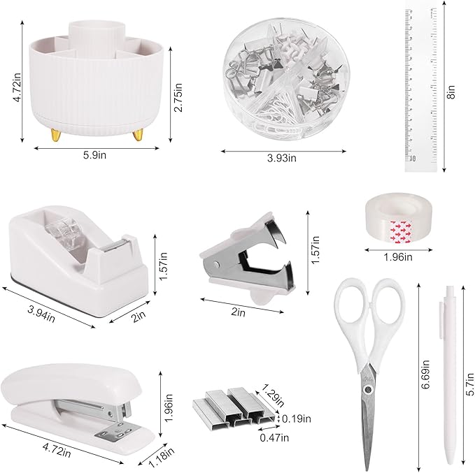Desk Organizers and Accessories Set with 360-Degree Rotating Pen Holder, Tape Dispenser, Stapler, Staple Remover, 1000 Staples, Tape, Clips Set, Ruler, Scissor, Pen (White, 10 Pcs Set)