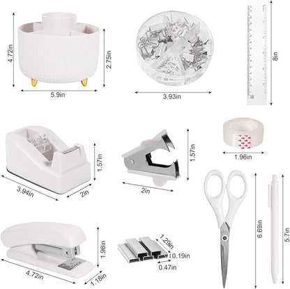 Desk Organizers and Accessories Set with 360-Degree Rotating Pen Holder, Tape Dispenser, Stapler, Staple Remover, 1000 Staples, Tape, Clips Set, Ruler, Scissor, Pen (White, 10 Pcs Set)