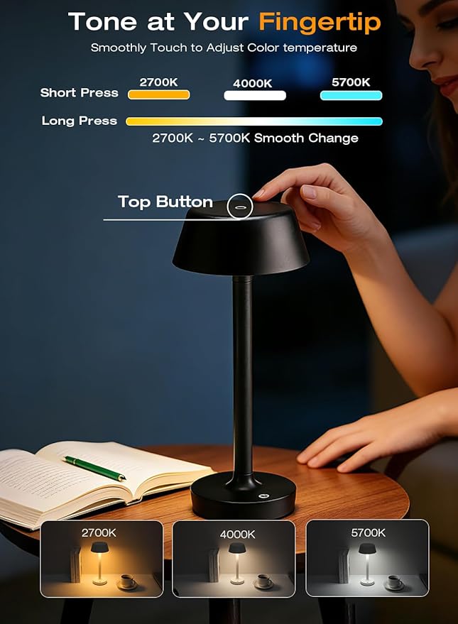 Cordless Rechargeable Table Lamp with Power Charger,Portable LED Desk Lamp,5000mAh Battery Operated,2700K-5700K Tunable,Stepless Dimming for Bedroom Bedside Outdoor Camping Light,Black