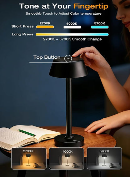 Cordless Rechargeable Table Lamp with Power Charger,Portable LED Desk Lamp,5000mAh Battery Operated,2700K-5700K Tunable,Stepless Dimming for Bedroom Bedside Outdoor Camping Light,Black