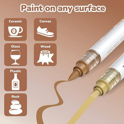 Guangna 12 Brown Dual Tip Acrylic Paint Markers, Brush Tip & Chisel Tip Acrylic Paint Pens for Pumpkin Paint, Rock, Wood, Glass, Paper, Coloring Book, Ceramic, Canvas, Water-Based Ink