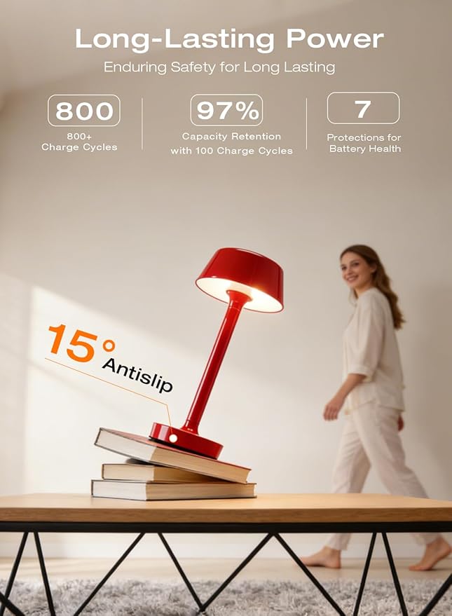 Cordless Rechargeable Table Lamp with Power Charger,Portable LED Desk Lamp,5000mAh Battery Operated,2700K-5700K Tunable,Stepless Touch Dimming for Bedroom Bedside Outdoor Camping,Red