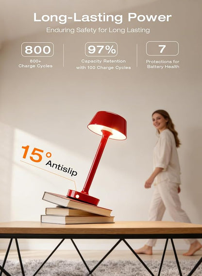 Cordless Rechargeable Table Lamp with Power Charger,Portable LED Desk Lamp,5000mAh Battery Operated,2700K-5700K Tunable,Stepless Touch Dimming for Bedroom Bedside Outdoor Camping,Red