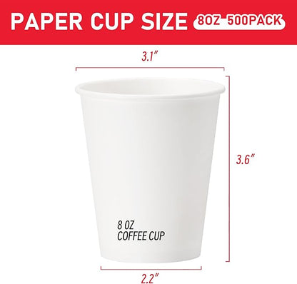 500 Pack 8 oz Paper Cups, Disposable Coffee Cups, White Hot/Cold Beverage Drinking Cups for Water, Coffee, or Juice, Perfect for Office, Party, Home