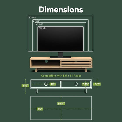 Monitor Stand Riser with Sliding Door, Computer Laptop Stand Desk Shelf Organizer with Storage (Natural Bamboo, 25 Inch)