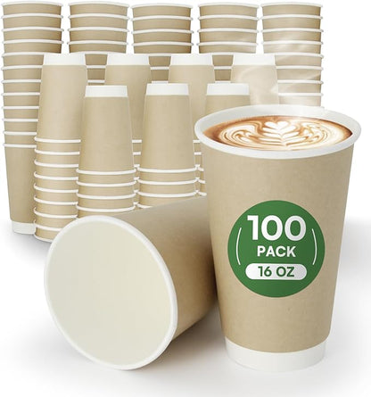 Coffee Cups 16 oz Disposable Paper Cups,100 Pack Compostable Double Wall Hot Cups, BPI Certified BPA Free Paper Cups, Natural Kraft To Go 16oz Disposable Cups for Office Cafe Home Party Travel