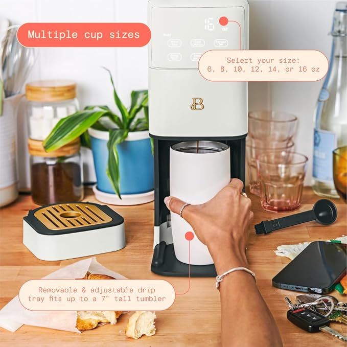 Beautiful Single Serve Coffee Maker with Built-In Burr Grinder, Hot or Iced, Pod-Free, 6 Brew Sizes, 3 Strengths, Touch Display, Reusable Filter, 64oz Reservoir, Slim Design (White Icing)