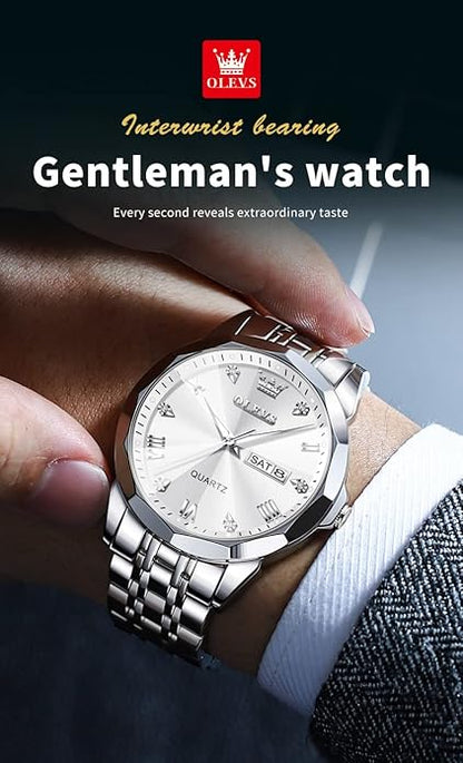 OLEVS Mens Watch Stainless Steel Analog Quartz Watches for Men Day Date Easy Read Diamond Waterproof Dress Luxury Classic Casual Big Face Blue/Black/Gold/Silver Roman Arabic Numerals Men's Wrist Watch