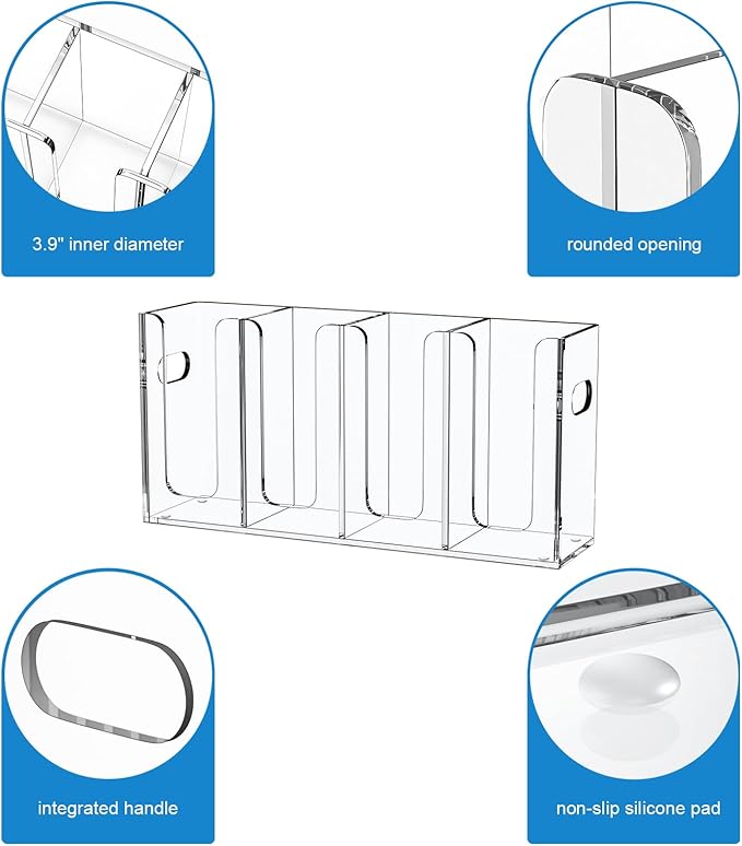 WINFFOR Disposable Cup Organizer Dispenser - 4 Compartments Clear Acrylic Cup and Lid Holder with Handles Plastic Cup Dispenser Countertop Paper Cup Holder for Coffee Bar House Party Essentials