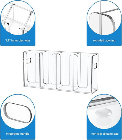 WINFFOR Disposable Cup Organizer Dispenser - 4 Compartments Clear Acrylic Cup and Lid Holder with Handles Plastic Cup Dispenser Countertop Paper Cup Holder for Coffee Bar House Party Essentials