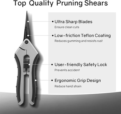 6.5" Ultra Sharp Pruning Shears - Professional Garden Scissors with Straight Stainless Steel Blades, Ergonomic Handle, Rust Resistant, Safety Lock, Trimming Scissors for Plants in Grow Tents, 2-Pack