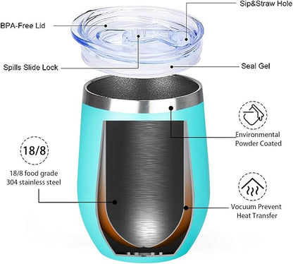12 Oz Insulated Wine Tumbler with Lid Double Wall Vacuum Stainless Steel Wine Glass Coffee Mug Insulated Tumbler Cup for Champaign, Cocktail, Beer (Multi, 6 Pack)
