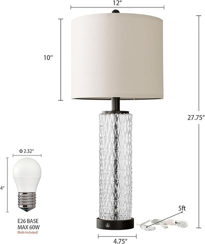 Oneach 27.75” Table Lamps Set of 2, Black Modern Bedside Lamp with LED Night Light, USB A+C, Glass Lamps for Living Room, Bedroom, Nightstand, Office, End Table (2 Bulbs Included)