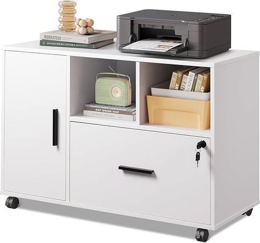 DEVAISE Office File Cabinet with Lock, 1-Drawer Wood Lateral Filing Cabinet on Wheels, Printer Stand with Open Storage Shelves for Home Office, White